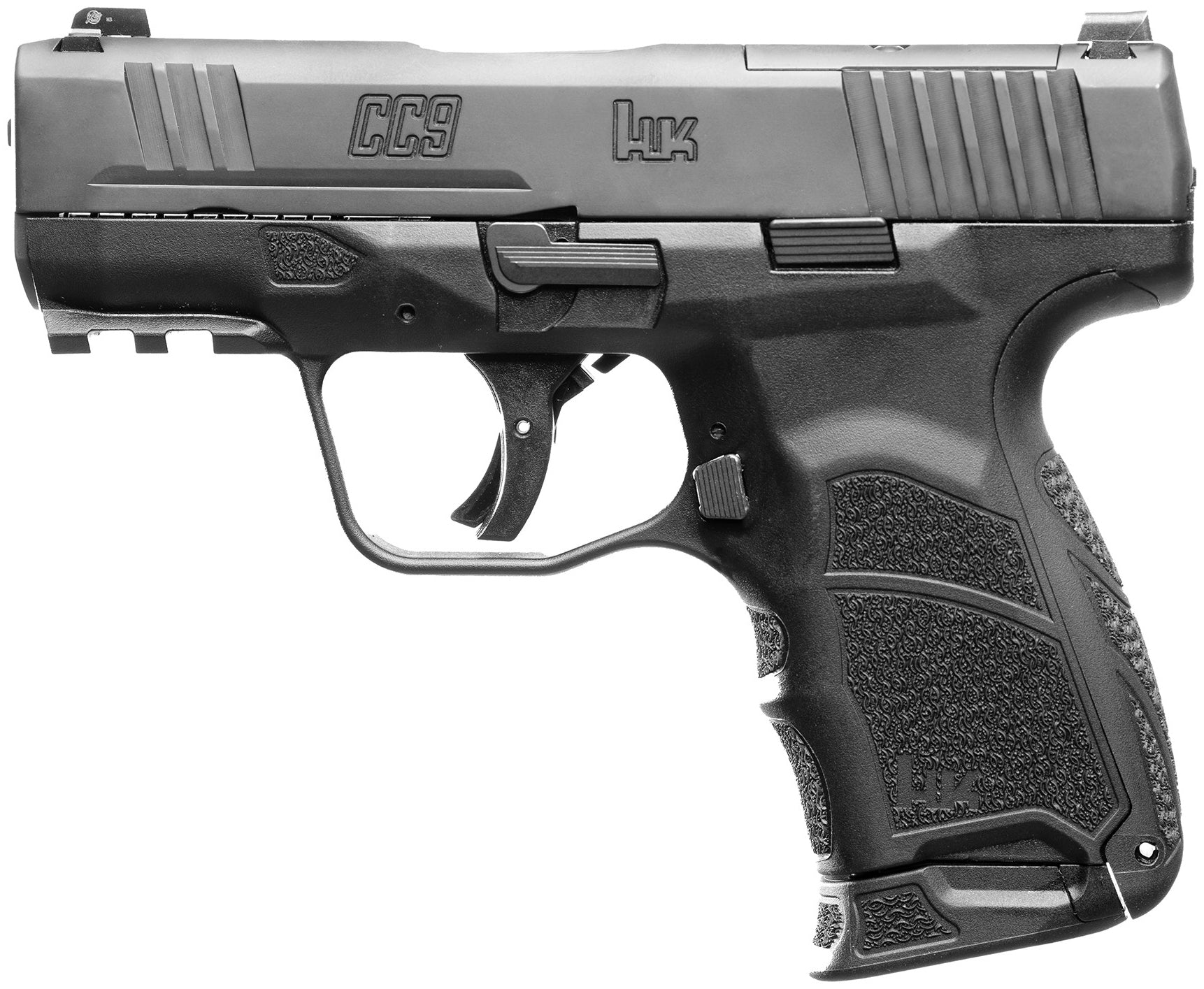 HK 81000550 CC9 9mm Luger 10+1/12+1 3.32" Black Polygonal Rifled Barrel, Optic Ready/Serrated Steel Slide, Polymer Frame w/Picatinny Rail, Black Interchangeable Backstrap Grip