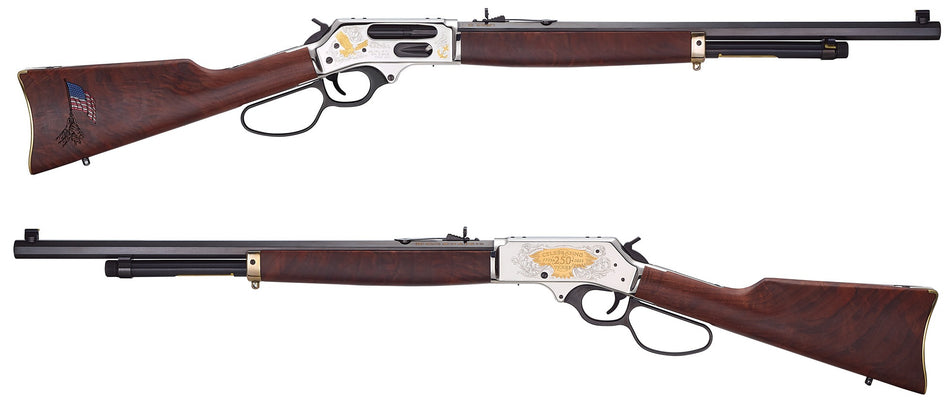 Henry H010BGMC Spirit Of The Corps 45-70 Gov 4+1 22" Black Octagon Barrel, Nickel Engraved w/24K Gold Inlay Brass Drilled & Tapped Receiver, American Walnut Straight Stock