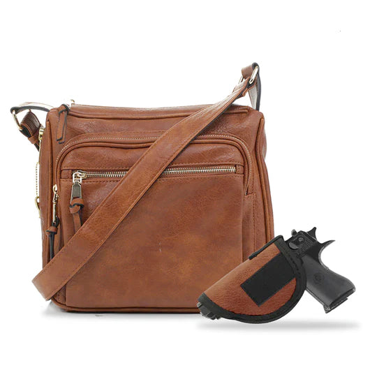 Jessie & James Brooklyn Lock & Key Concealed Carry Crossbody Tan 9.5Hx10.5Wx3.5D