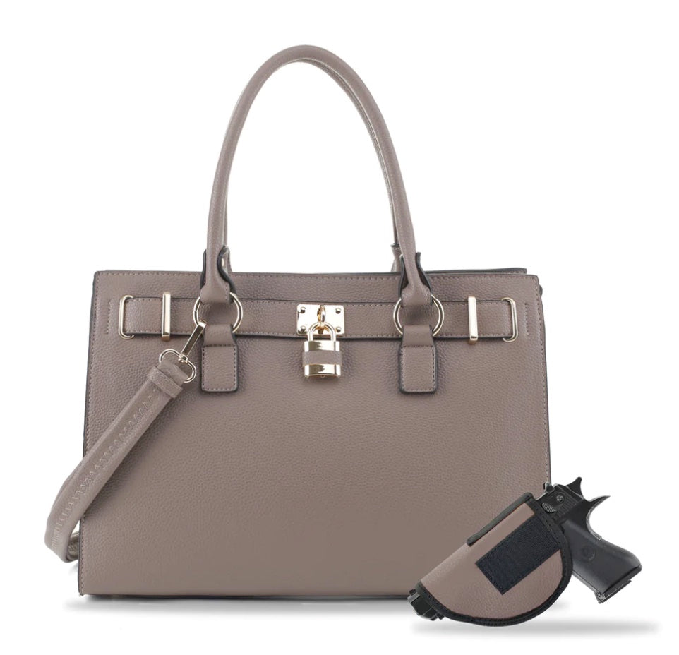 Jessie & James Dina Concealed Carry Lock & Key Satchel in Stone - 10x15x6 Inches
