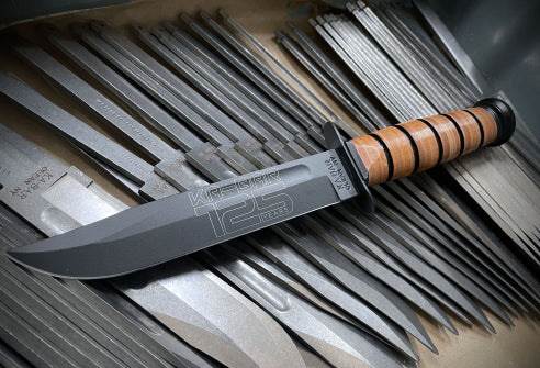 Ka-Bar 125th Anniversary USMC Knife 7" Clip Point Blade Brown Leather Sheath Boxed
