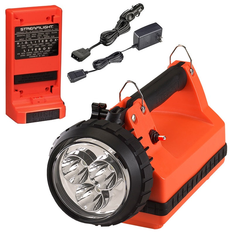 Streamlight E-Spot Firebox Orange Portable Area Light 120V AC 12V DC with Mounting Rack and Shoulder Strap