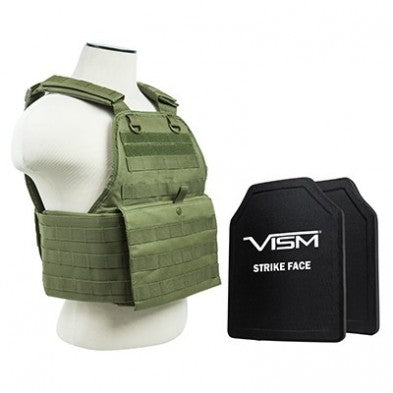 NcStar Plate Carrier Vest Olive Drab with 10"x12" Shooter Cut Hard PE Ballistic Panels Included
