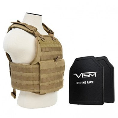 NcStar Tan Plate Carrier with Pair of 10x12 Shooter Cut Hard Ballistic Panels