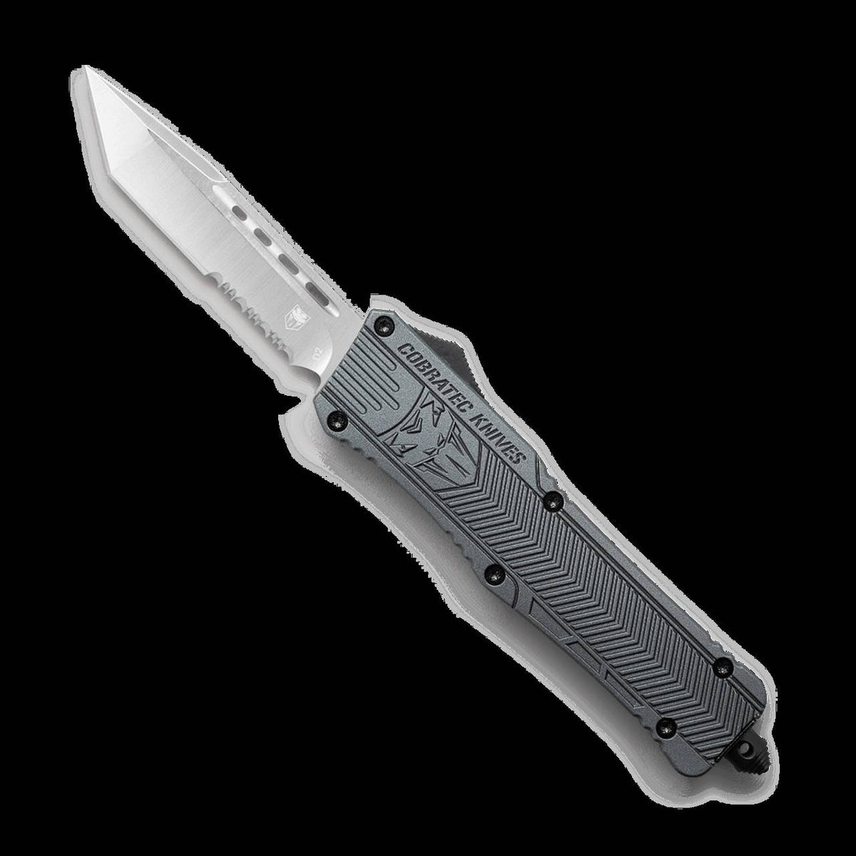 CobraTec Large Gray OTF Tanto Serrated Auto Knife