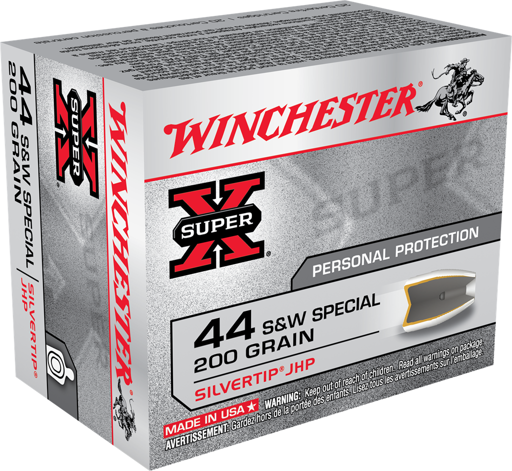 Winchester SUPER X Centerfire Pistol Personal Defense .44 S&W Special 200 grain Silvertip Hollow Point ammunition