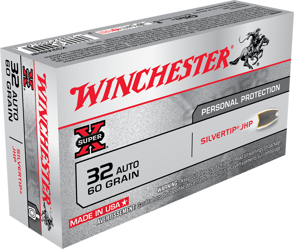 Winchester SUPER X Centerfire Pistol Personal Defense .32 ACP 60 grain Silvertip Hollow Point ammunition