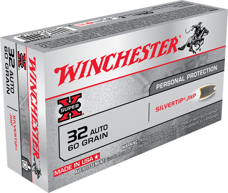 Winchester SUPER X Centerfire Pistol Personal Defense .32 ACP 60 grain Silvertip Hollow Point ammunition