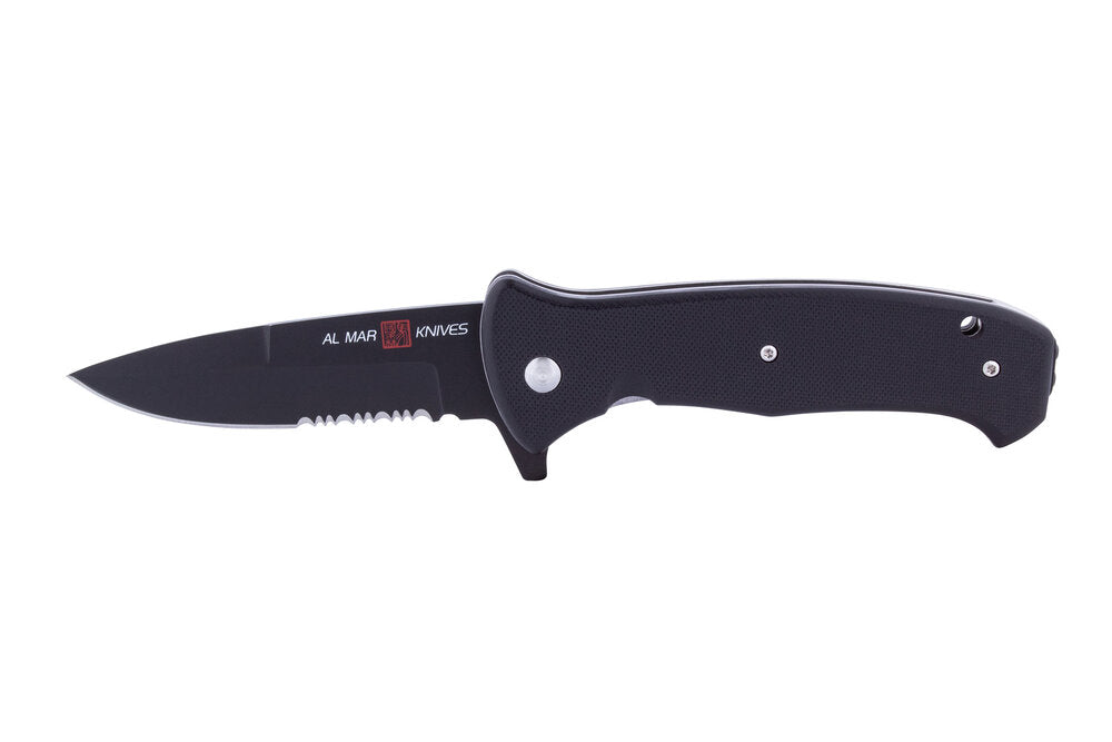 Al Mar SERE Night 3.6 In Black D2 Combo Edge Folding Knife G-Series Handle
