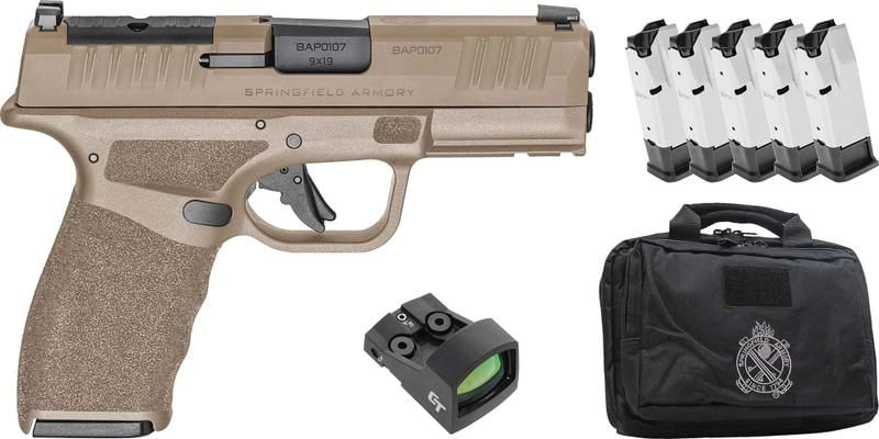 dSPRINGFIELD ARMORY HELLCAT PRO FDE GEAR UP PKG PSTL 9MM BLK 3.7" 5-10RD, CT-1500, RANGE BAG