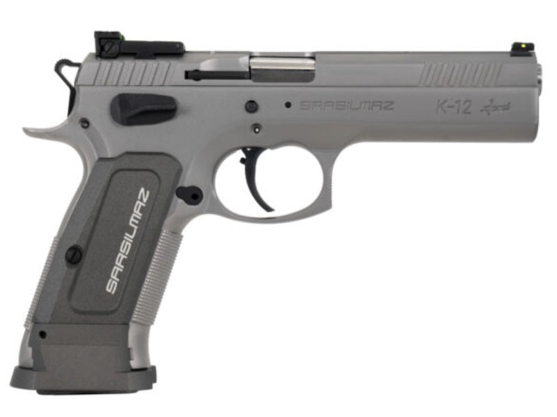 SAR USA K12STSP K12 Sport 9mm Luger 17+1 4.70" Stainless Target Crown Barrel, Stainless Steel Serrated Slide, Stainless Steel Frame w/Beavertail, Gray Polymer Grip, Right Hand