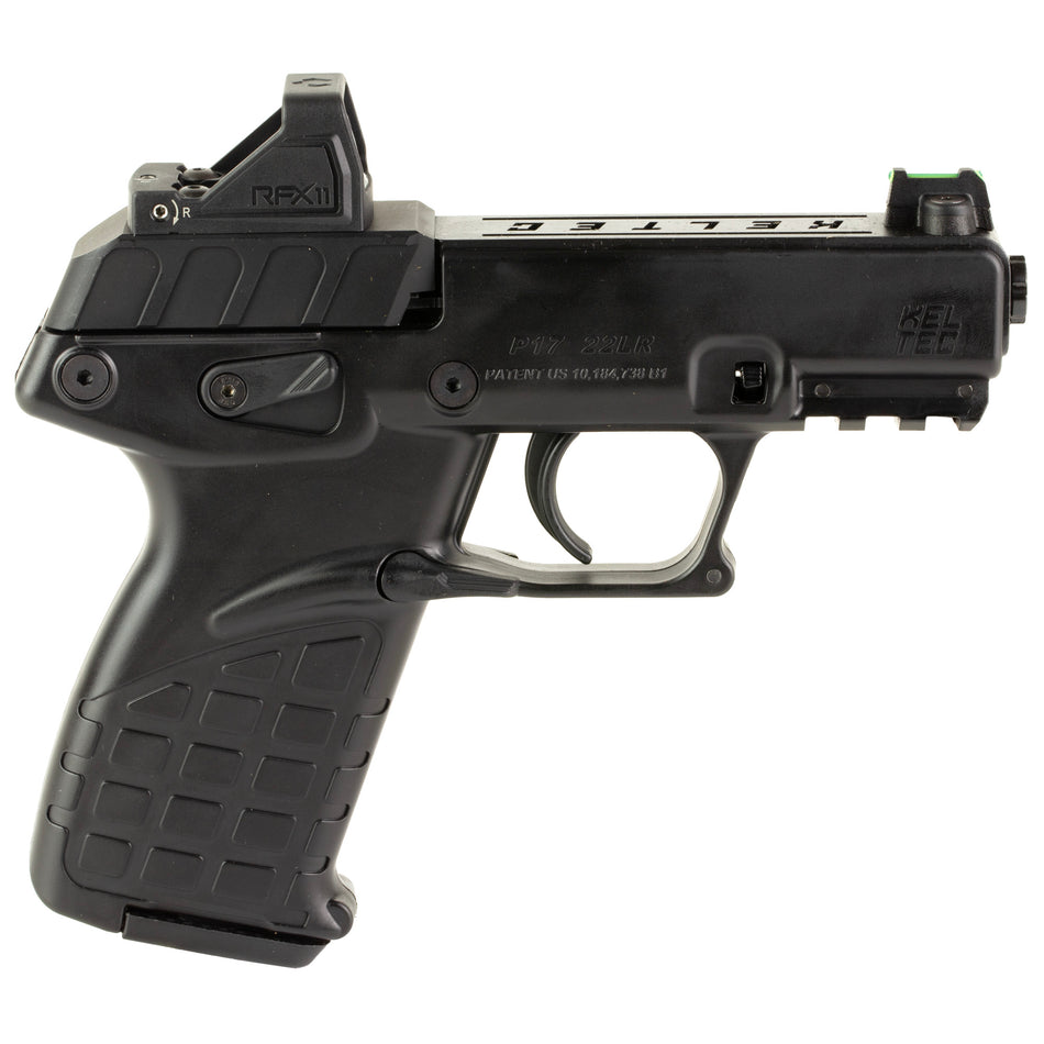 Kel-Tec P17BBLKOPTIC P17 Compact Frame 22 LR 16+1 3.80" Black Steel Barrel, Black Serrated Steel Slide, Black Polymer Frame w/Picatinny Rail, Textured Grip, Viridian RFX-11 Green Dot, Ambidextrous
