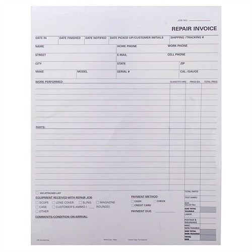 REPAIR LOG INVOICE FORMS, 2-PART, 100 PACK