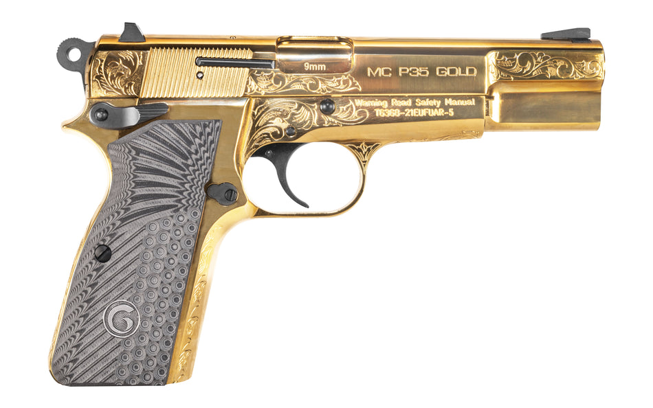 Girsan 390488 MC P35 9mm Luger 15+1 4.87" Gold Plated PVD Stainless Steel Barrel, Gold Finish Engraved Serrated Stainless Steel Slide, Gold Plated Steel Frame w/Beavertail, G10 Grip