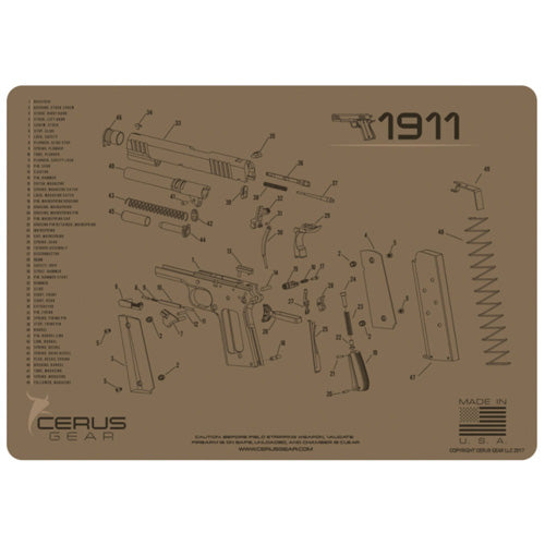 1911 Pistol Cleaning Mat with Schematic - Coyote Tan