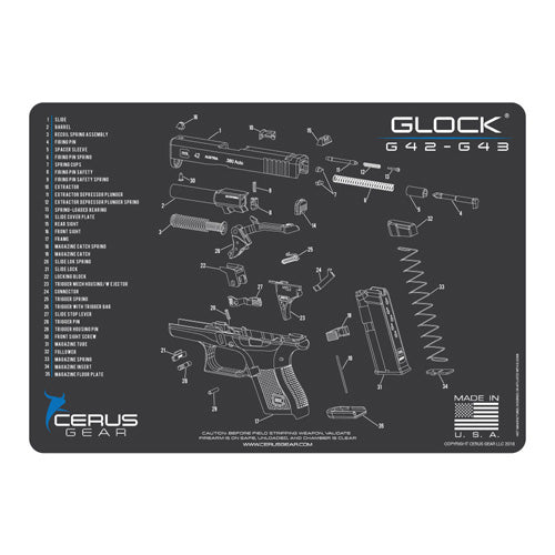 Glock 42 43 Cleaning Mat with Schematic - Charcoal Gray/Blue