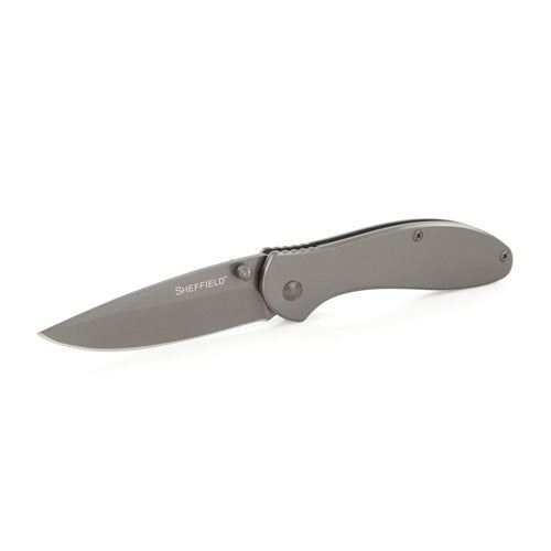 Sheffield Alloy Series Berda 3in Drop Point Assist Open Knife Titanium Coated Gray Handle