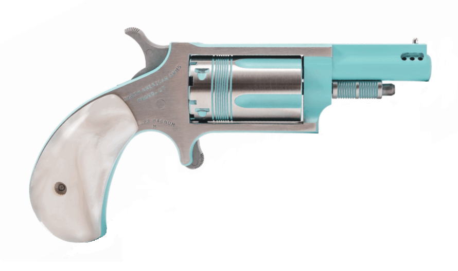 North American Arms 22MPB Iris undefined 22 Mag 5 Shot 1.63" Turquoise Cerakote Ported Barre Matte Stainless Steel Frame, Stainless/Turquoise Cylinder, Faux White Pearl Grip, Exposed Hammer