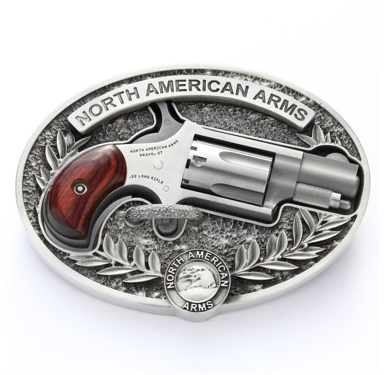 North American Arms 22LR-BBO Mini-Revolver w/Belt Buckle 22 LR 5 Shot 1.13" Stainless Steel Barrel, Frame & Cylinder, Rosewood Birdshead Grip, Exposed Hammer, Includes Custom Carry Belt Buckle