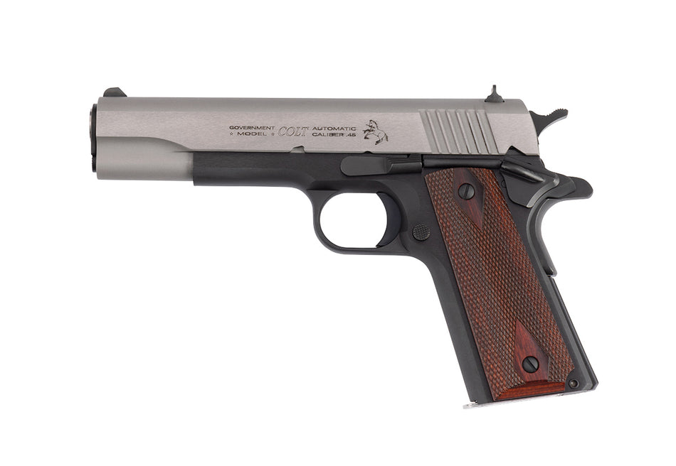 Colt Mfg O1911CTTE 1911 Government 45 ACP 8+1 5" Stainless Steel Serrated Slide, Matte Blued Steel Frame w/Beavertail, Double Diamond Checkered Wood Grip