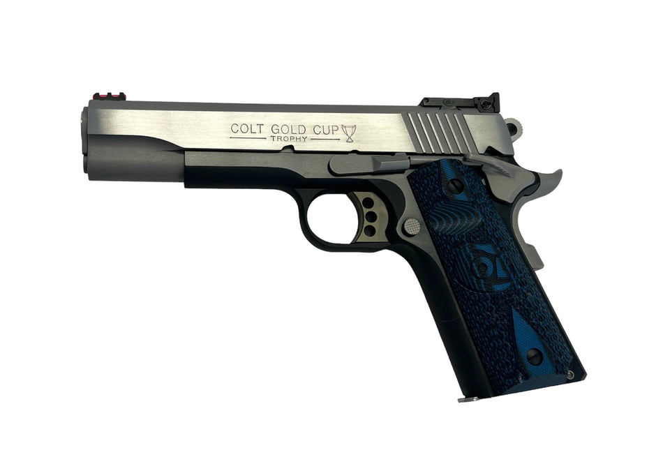 Colt Mfg O5973GCL-TT Gold Cup 38 Super 9+1 5" Stainless National Match Barrel, Brushed Stainless Steel Serrated Slide, Black/Stainless Steel Frame w/Beavertail, Blue Scalloped G10 Grip, Ambidextrous