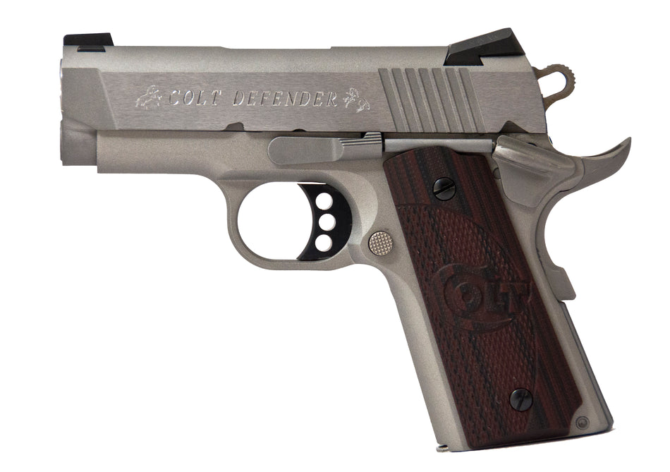 Colt Mfg O7000XE Defender Compact 45 ACP 7+1 3" Steel Barrel, Stainless Serrated Slide, Matte Stainless Aluminum Frame w/Beavertail, Black Cherry Tactical G10 Grips, Ambidextrous
