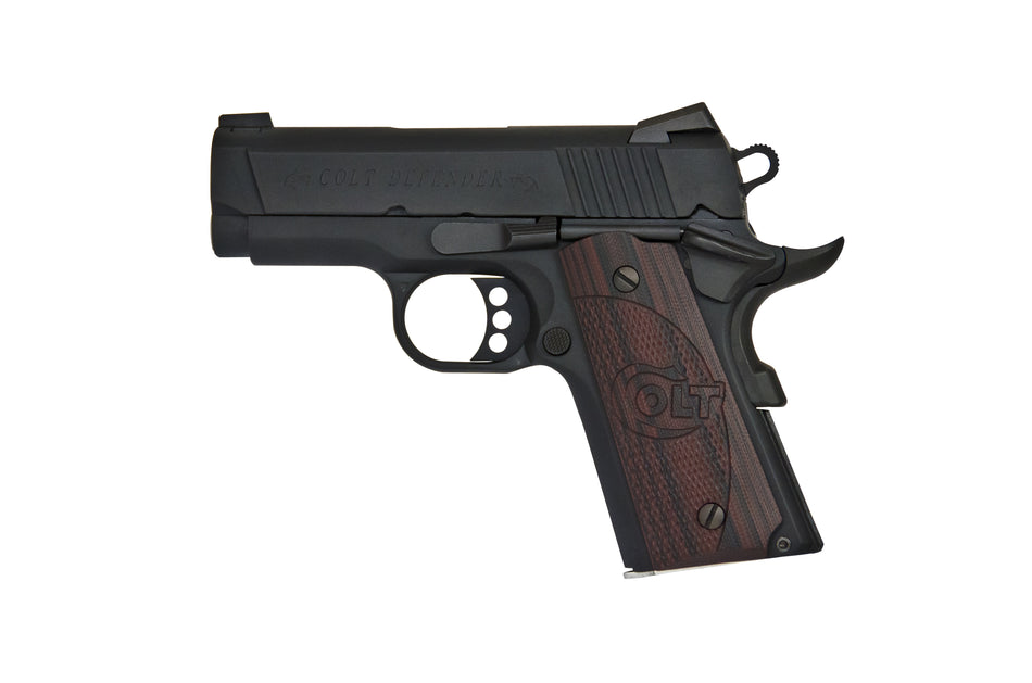 Colt Mfg O7800XE Defender Compact 45 ACP 7+1 3" Black Steel Barrel, Blued Serrated Slide, Matte Black Cerakote Aluminum Frame w/Beavertail, Black Cherry Tactical G10 Grips, Ambidextrous
