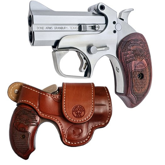 Bond Arms BAPA Patriot 45 Colt (LC)/410 Gauge 2rd 3" Stainless Steel Double Barrel & Frame w/Trigger Guard, Auto Extractors & Rebounding Hammer, Laser Engraved American Flag & Bald Eagle Rosewood Gri