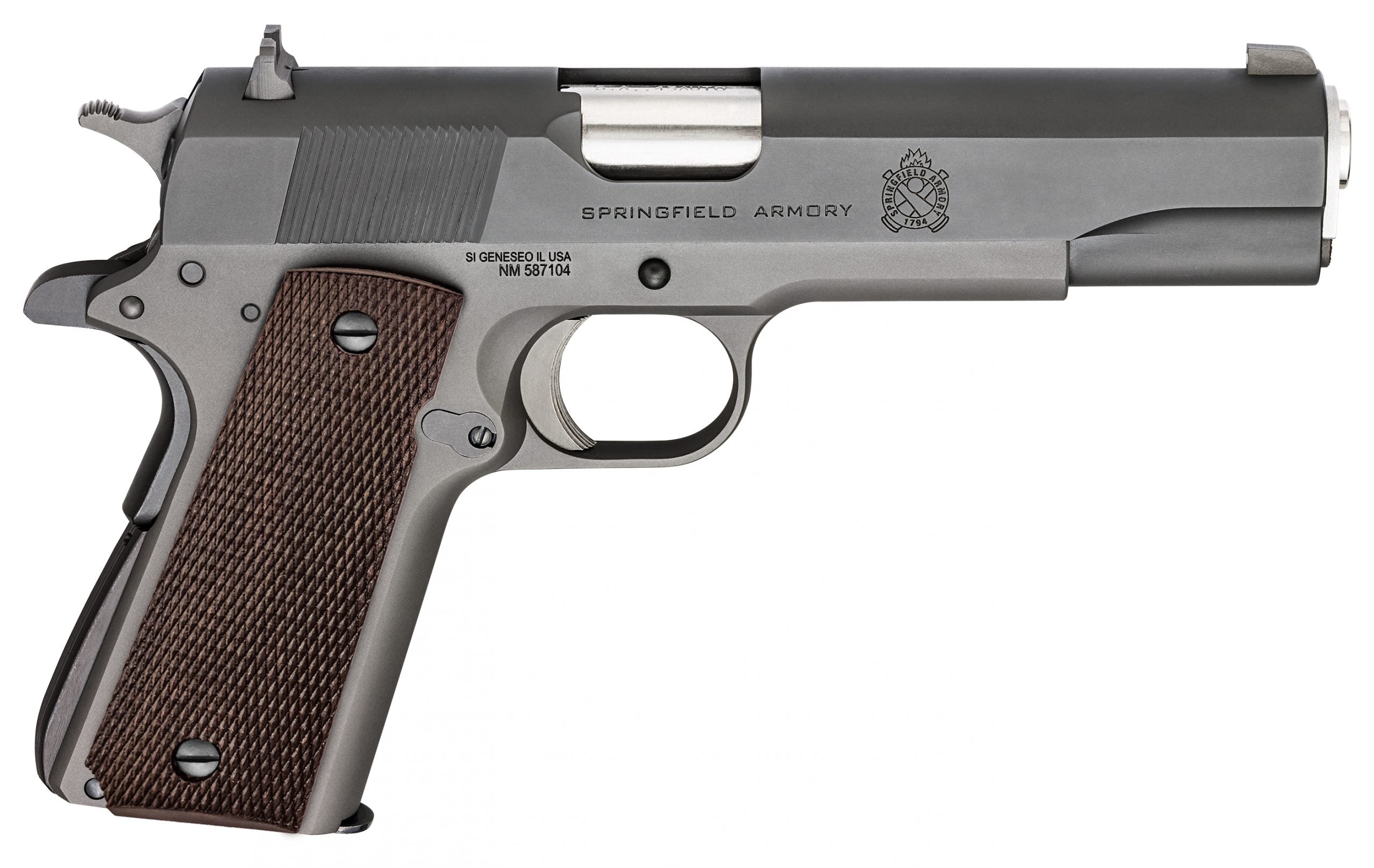 Springfield Armory PBD9108L 1911 Mil-Spec Defender Legacy 45 ACP 7+1 5" Satin Stainless Match Grade Barrel, Black Parkerized Serrated Carbon Steel Slide & Frame w/Beavertail, Checkered Wood Grip