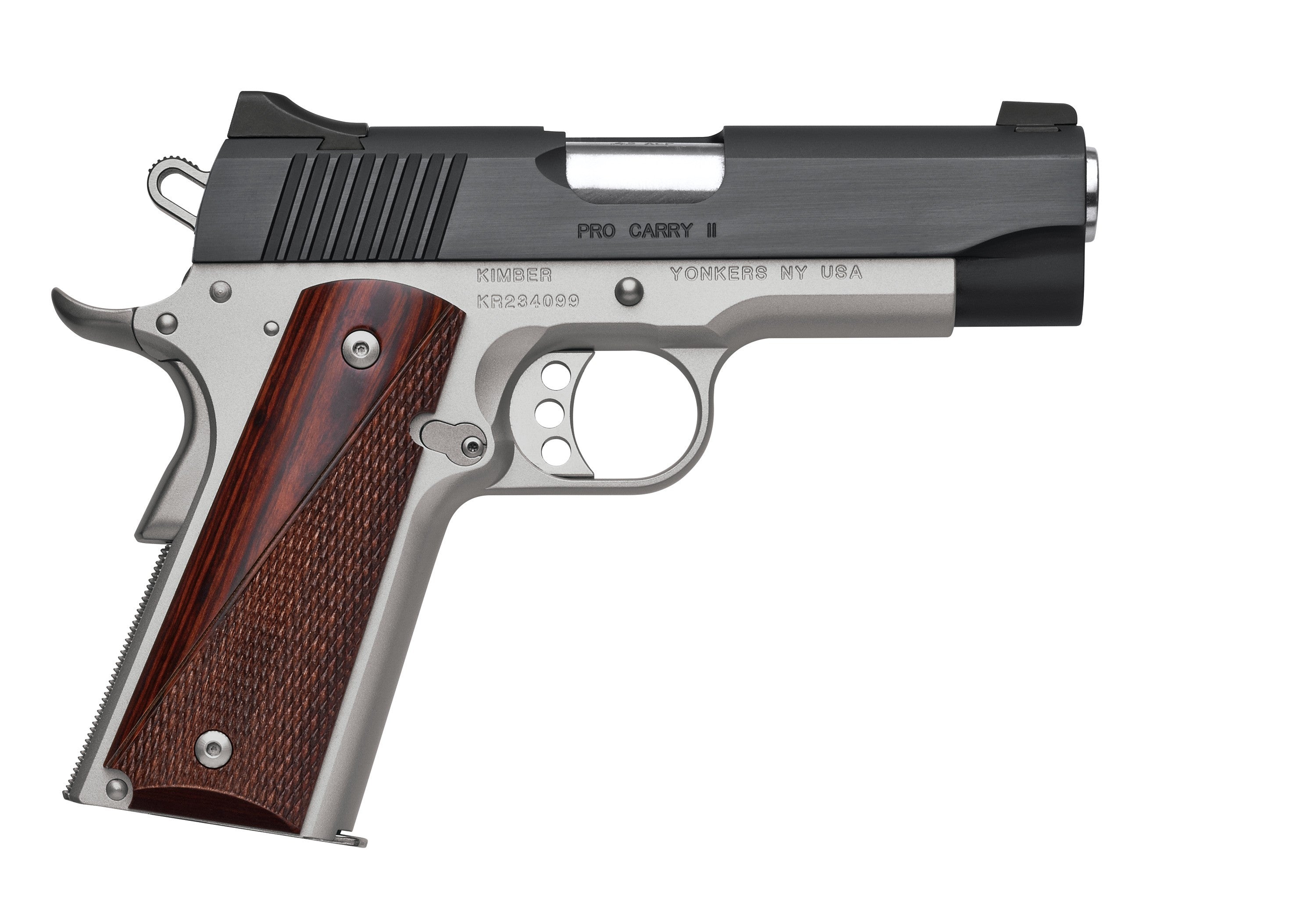 Kimber Mfg, Inc 3200320 Pro Carry II 45 ACP 7+1 4" Stainless Match Grade Barrel, Matte Black Brushed Serrated Steel Slide, Satin Silver Aluminum Frame w/Beavertail, Rosewood Grip