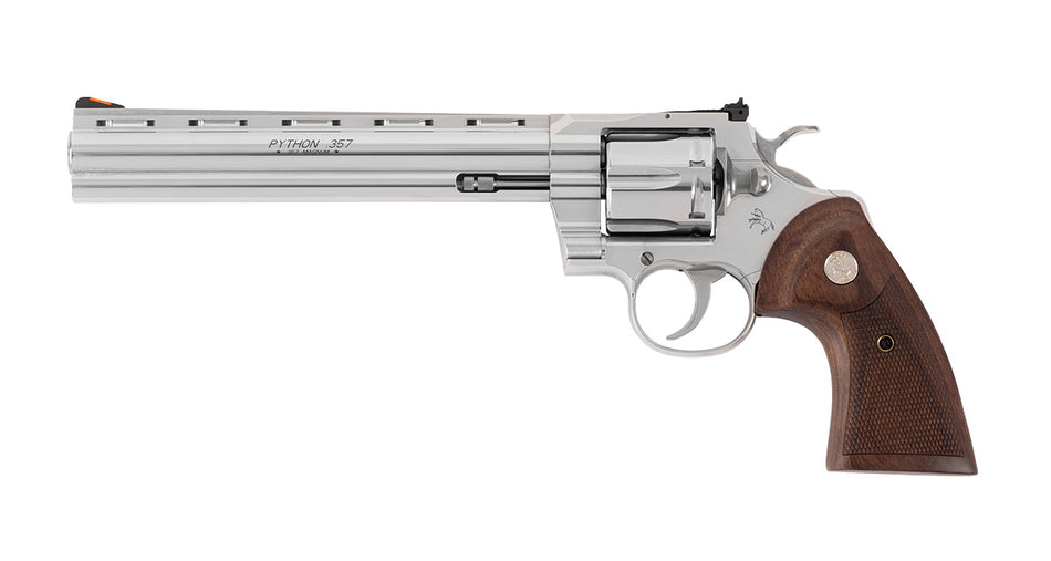 Colt Mfg PYTHONSP8WTS Python 357 Mag/38 Special 6 Shot 8" Polished Stainless Steel Vent Rib Barrel, Cylinder & Frame, Walnut w/Medallion Grip, Exposed Hammer