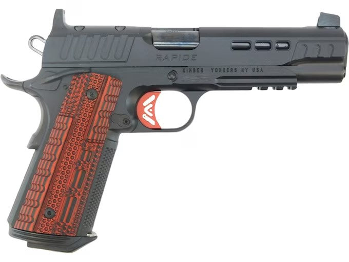 Kimber Mfg.,inc 3000452 Rapide Heat 45 ACP 8+1 5.50" Black DLC Steel Barrel, KimPro II Black Lightening Cut/Optic Ready/Serrated Steel Slide, Kimpro II Black Steel Frame w/Beavertail, Red G10 Grip