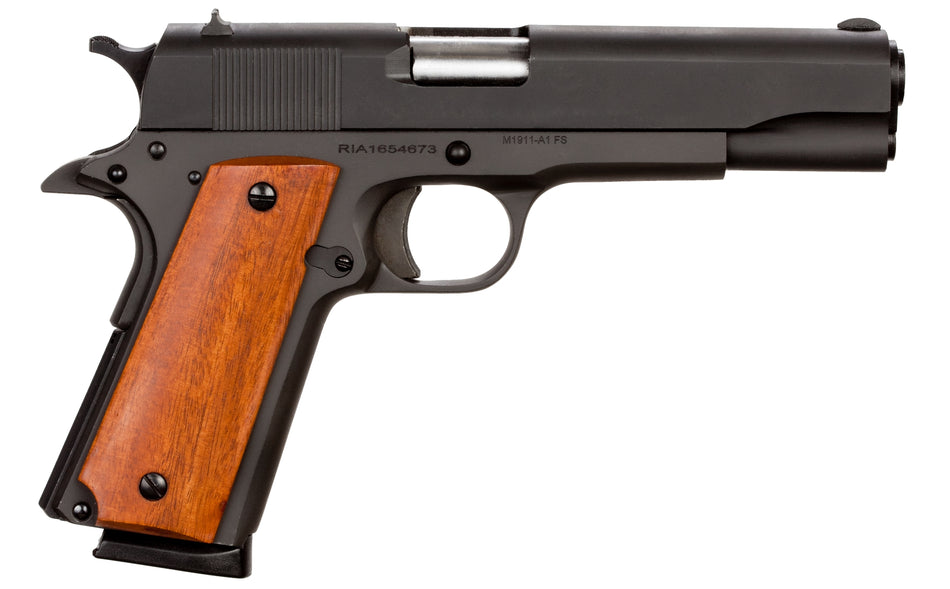 Rock Island 51421MA GI Standard FS *MA Compliant 45 ACP Caliber with 5" Barrel, 8+1 Capacity, Overall Black Parkerized Finish Steel, Beavertail Frame, Serrated Slide & Wood Grip