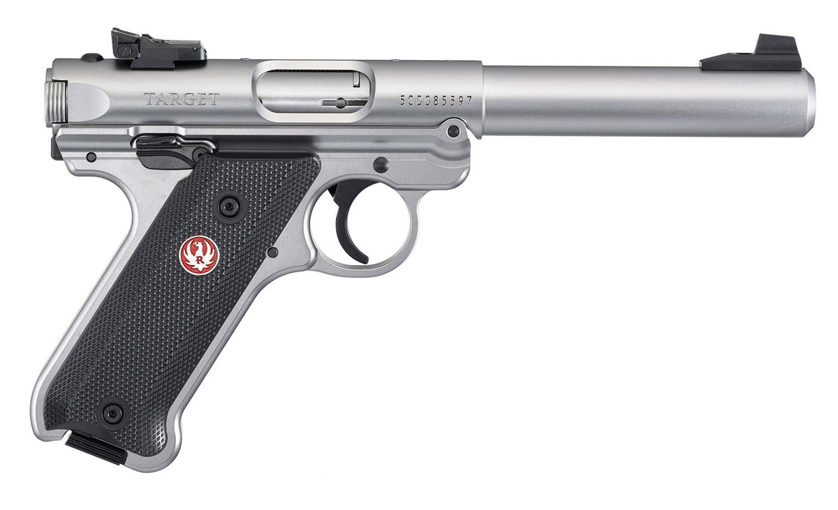 Ruger 40103 Mark IV Target 22 LR 10+1 5.50" Satin Stainless Bull Barrel, Satin Stainless Steel Slide, Stainless Steel Frame Drilled & Tapped Receiver, Black Checkered Polymer Grip, Right Hand