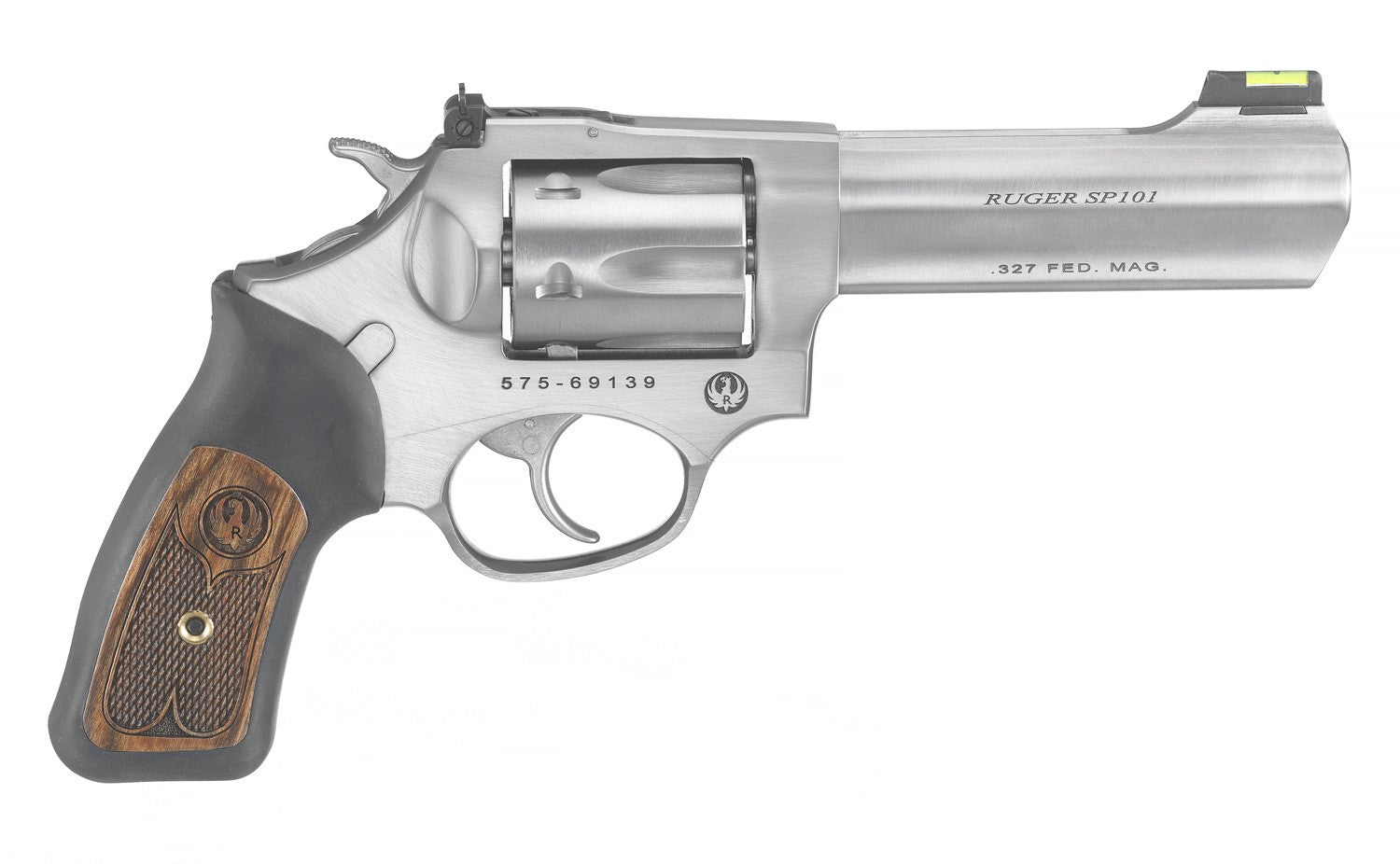 Ruger 5773 SP101 Small Frame 327 Federal Mag 6rd, 4.20" Satin Stainless Steel Barrel, Cylinder & Frame, Black Rubber w/Wood Insert Grip, Exposed Hammer, Transfer Bar Safety