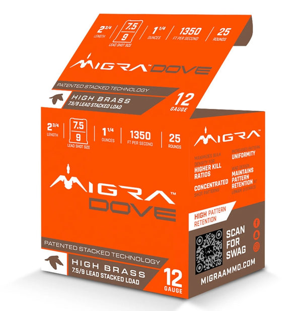 Migra Ultimate Dove Hi-Brass Lead Shotshells 12ga 2-3/4" 1-1/4oz 1350 fps 1350 fps #7.5 & 9 Shot 25/ct