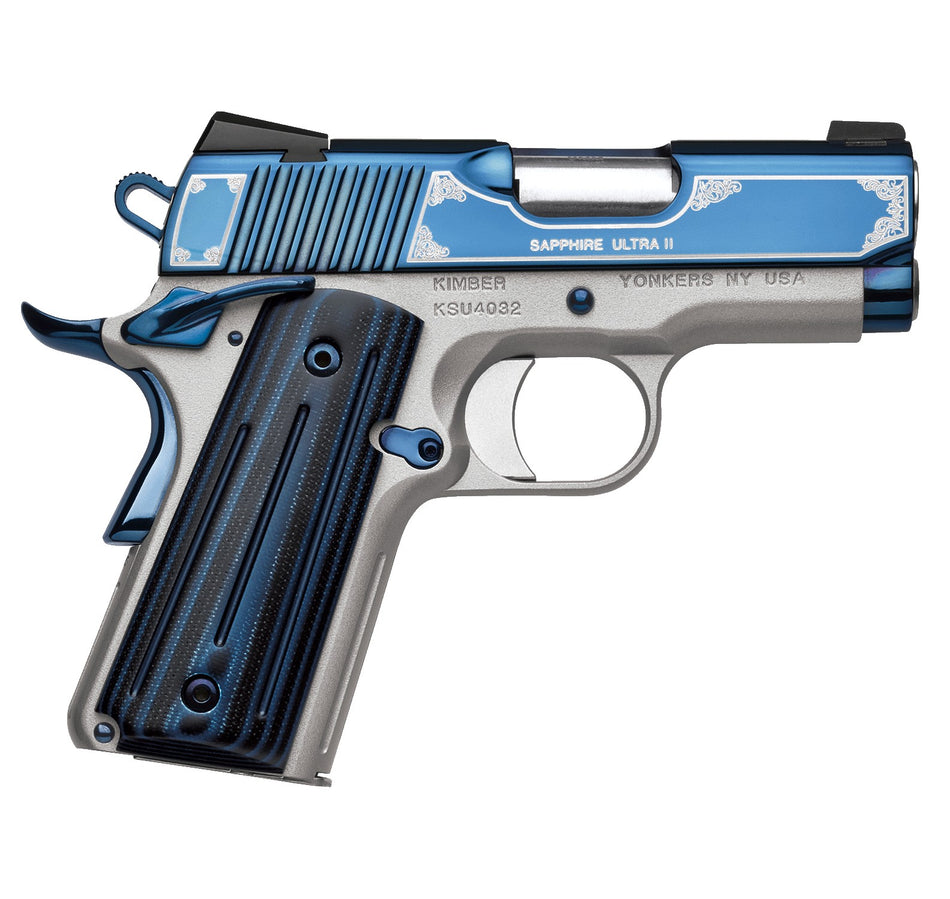 Kimber Mfg, Inc 3200362 Ultra II 45 ACP 7+1 3" Stainless Match Grade Barrel, Engraved Sapphire Blue PVD Serrated Stainless Steel Slide, Satin Silver Aluminum Frame w/Beavertail, G10 Grip