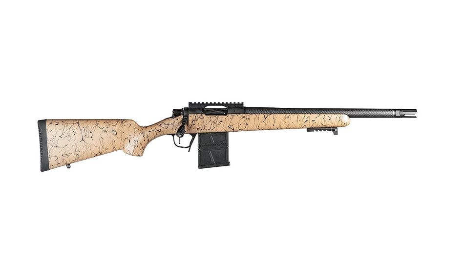 Christensen Arms 8010612000 Ridgeline Scout Full Size 308 Win 4+1, 16" Black Nitride Steel Threaded Barrel, Black Nitride Aluminum Receiver, Tan w/Black Webbing Fixed Sporter Stock