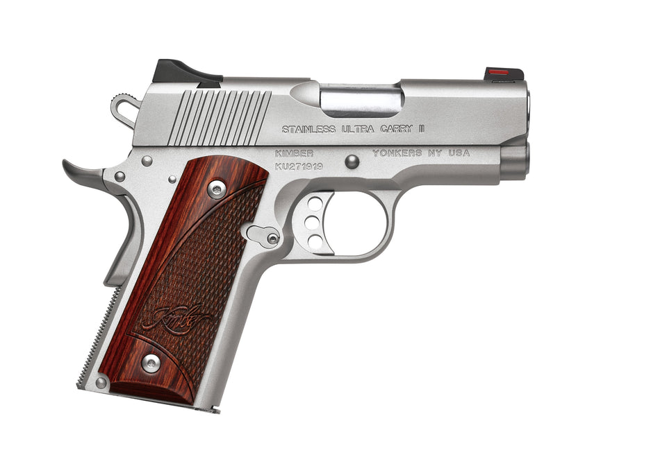 Kimber Mfg, Inc 3200330 Ultra Carry II 45 ACP 7+1 3" Stainless Match Grade Barrel, Satin Silver Serrated Stainless Steel Slide, Satin Silver Aluminum Frame w/Beavertail, Rosewood Grip