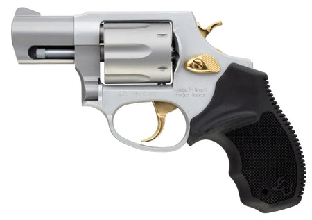 Taurus 2-856029ULGLD 856 Ultra-Lite Small 38 Special 6 Shot 2" Matte Stainless Steel Barrel, Cylinder & Frame, Gold Accents, Black Finger Grooved Rubber Grip, Transfer Bar Safety, Exposed Hammer