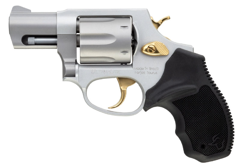 Taurus 2-856029ULGLD 856 Ultra-Lite Small 38 Special 6 Shot 2" Matte Stainless Steel Barrel, Cylinder & Frame, Gold Accents, Black Finger Grooved Rubber Grip, Transfer Bar Safety, Exposed Hammer
