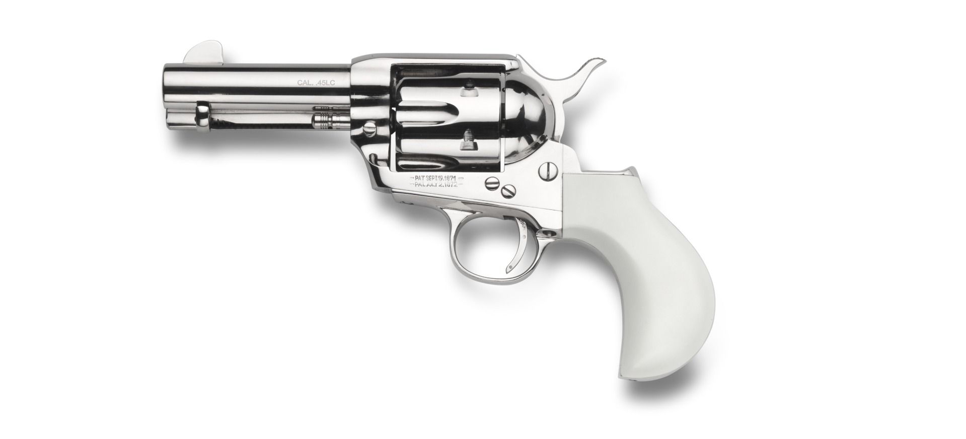 Taylors & Company 200111 1873 Flat Top Pietta 9mm Luger 6 Shot 3.50" Nickel Round Barrel, Cylinder & Steel Frame, PVC White Flat Birdshead Grip, Exposed Hammer