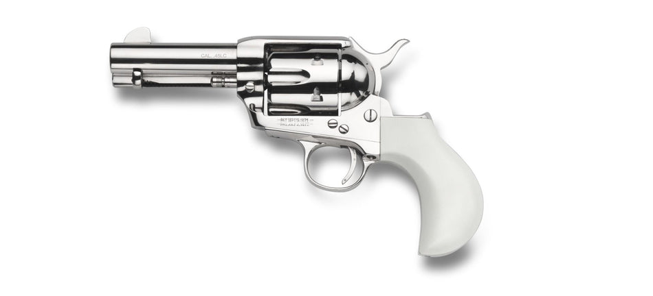 Taylors & Company 200111 1873 Flat Top Pietta 9mm Luger 6 Shot 3.50" Nickel Round Barrel, Cylinder & Steel Frame, PVC White Flat Birdshead Grip, Exposed Hammer