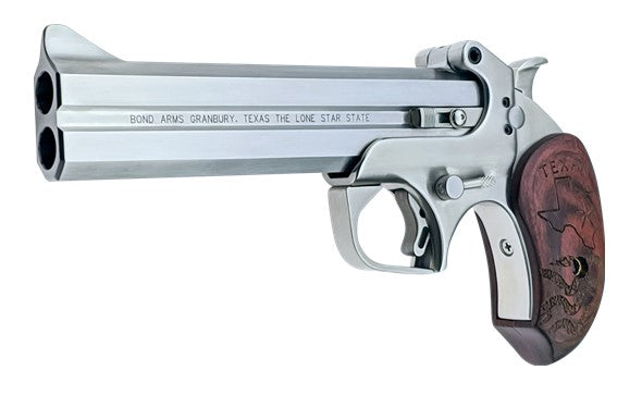 Bond Arms BATX Texan Derringer Single 45 Colt (LC)/410 Gauge 2rd, 6" Stainless Steel Double Barrel & Frame, Blade Front/Fixed Rear Sights, Custom Engraved Rosewood Grip, Manual Safety