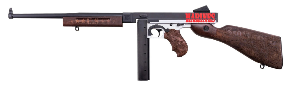 Thompson TM1C6 Marines 250th Anniversary 45 ACP 30+1 16.50" Midnight Blue Cerakote Barrel, Midnight Blue/Stormtrooper White Cerakote Steel Receiver, Engraved Walnut Fixed Stock, Engraved Wood Grip
