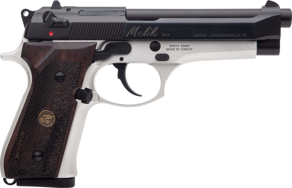 Derya Firearms 15LTTMELIK9TR Melik 9mm Luger 15+1 4.90" Black Melonite Steel Barrel, Black Melonite Serrated Steel Slide, Silver Anodized Aluminum Frame, Dark Walnut Grip