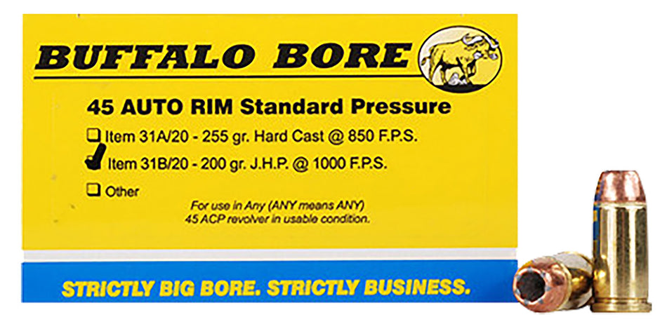 Buffalo Bore Ammunition 31B20 Standard Pressure Strictly Business 45 Auto Rim 200 gr Jacketed Hollow Point (JHP) 20 Per Box/ 12 Cs