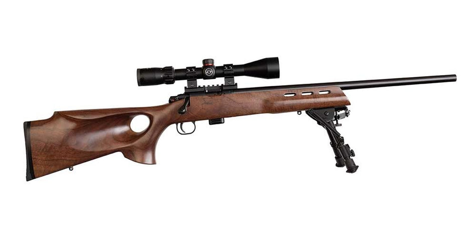 Crickett KSA20030 Model 722 Varmint Package Youth 22 LR 7+1 20" Blued Bull Barrel, Blued Steel Receiver, Fixed Thumbhole Walnut Stock, Includes Simmons 3-9x40mm Scope, Bipod, Case & Scope Rings
