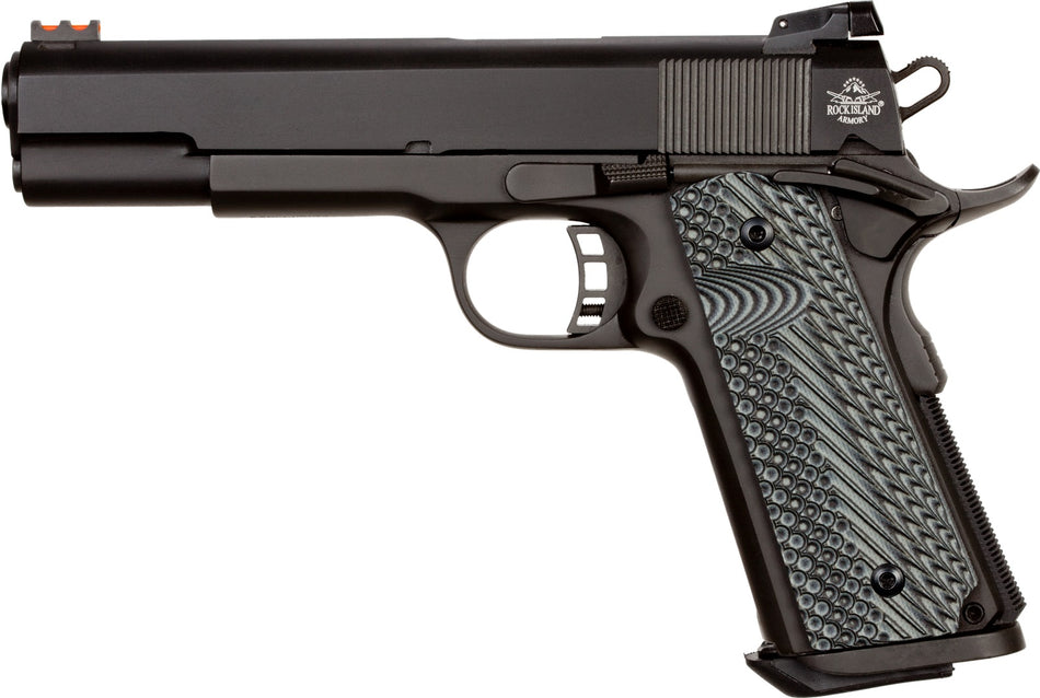 Rock Island 51486 Rock Ultra FS 45 ACP Caliber with 5" Barrel, 8+1 Capacity, Overall Black Parkerized Finish Steel, Beavertail Frame, Serrated Slide & Black/Gray G10 Grip