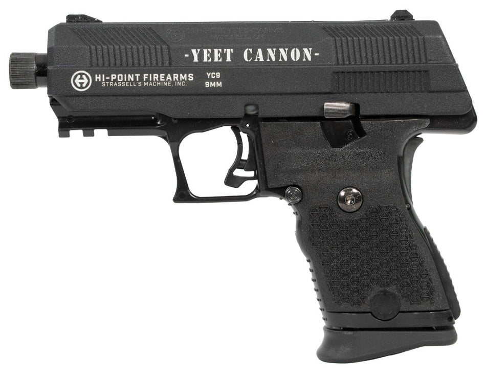 Hi-Point YC9YEET YC9 9mm Luger 10+1 4.12" Black Steel Threaded Barrel, Black w/Engraved "Yeet Cannon" YC9 Styled/Serrated Slide, Black Polymer Frame w/Picatinny Rail, Black Plastic Grips